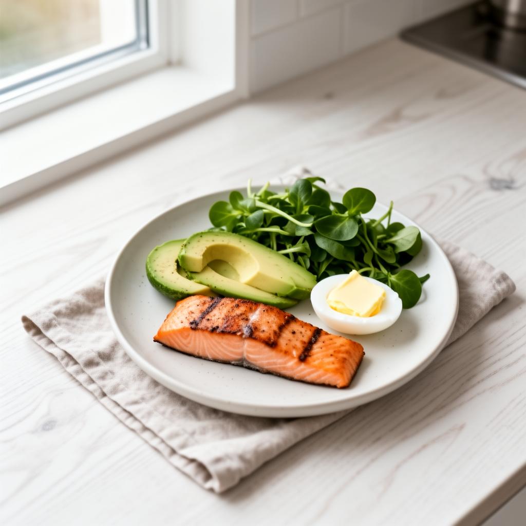 Värd i ljust nordiskt kök som håller en tallrik med keto-mat